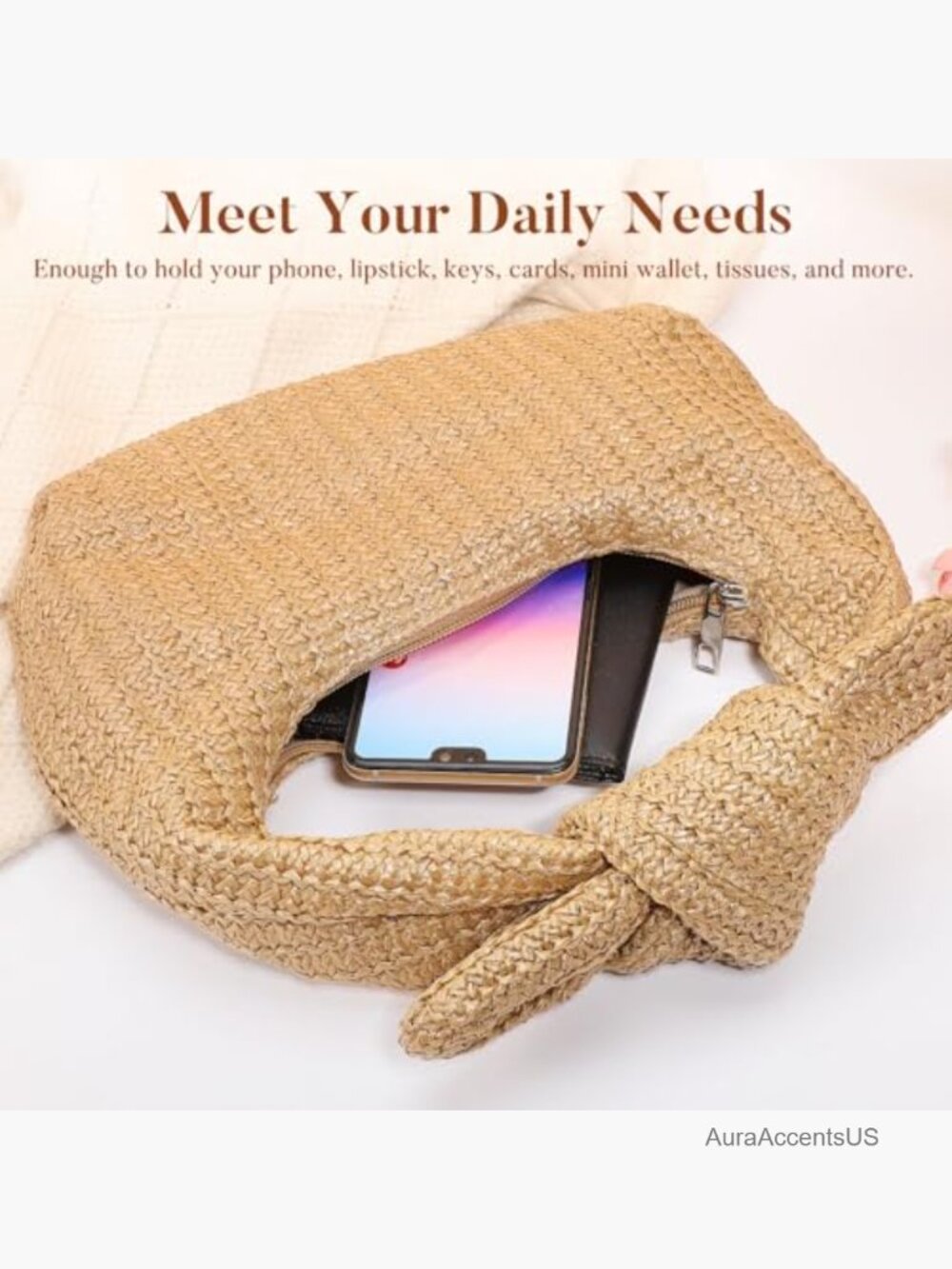 Woven Straw Inspired Tote Bag with Bow Top Handle Summer Clutch Purse Handbag - Picture 5 of 7